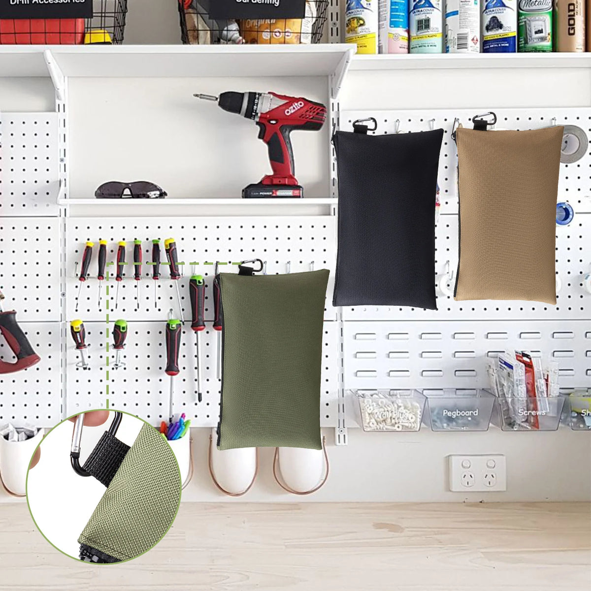 A white pegboard organizer displaying various tools, including a drill, and storage bags on a shelf.