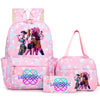Pink star-patterned backpack set featuring three stylized female figures