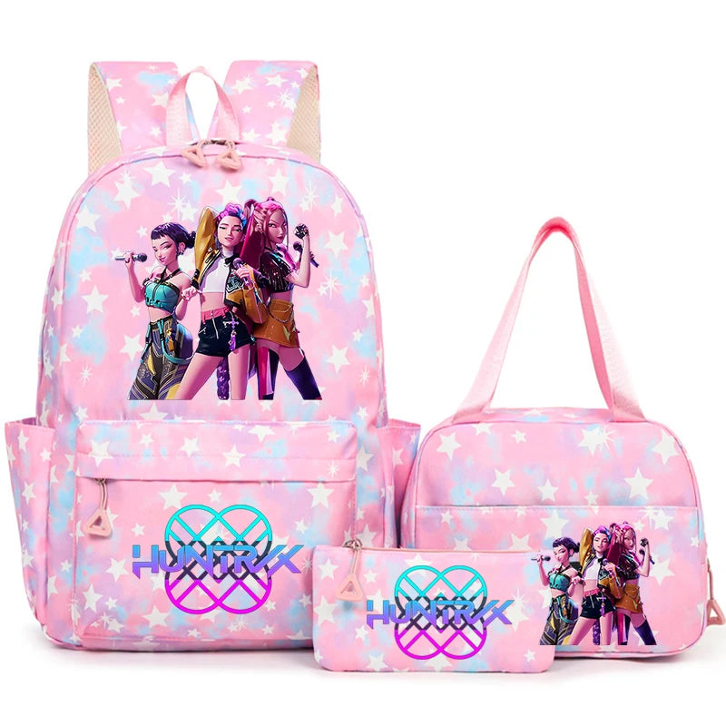Pink star-patterned backpack set featuring three stylized female figures