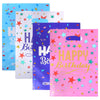 A set of ten colorful birthday party gift bags featuring stars and confetti designs.