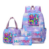 Purple multi-compartment backpack set featuring a main backpack and a separate pouch with colorful graphics