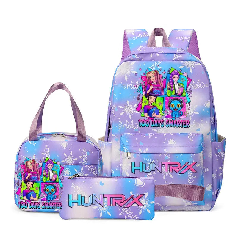 Purple multi-compartment backpack set featuring a main backpack and a separate pouch with colorful graphics