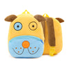 A yellow cartoon animal plush backpack with brown ears and a blue snout.
