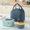 A set of three blue and yellow insulated lunch bags shown on a white table.