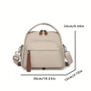 A beige multi-pocket shoulder crossbody bag shown from the front with dimensions provided.