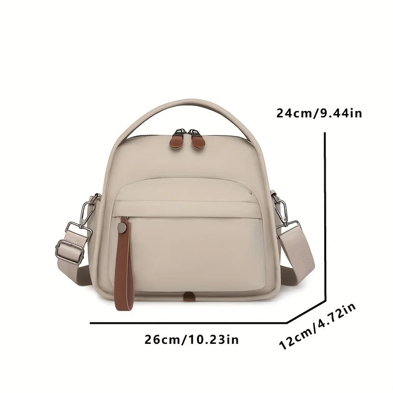 A beige multi-pocket shoulder crossbody bag shown from the front with dimensions provided.