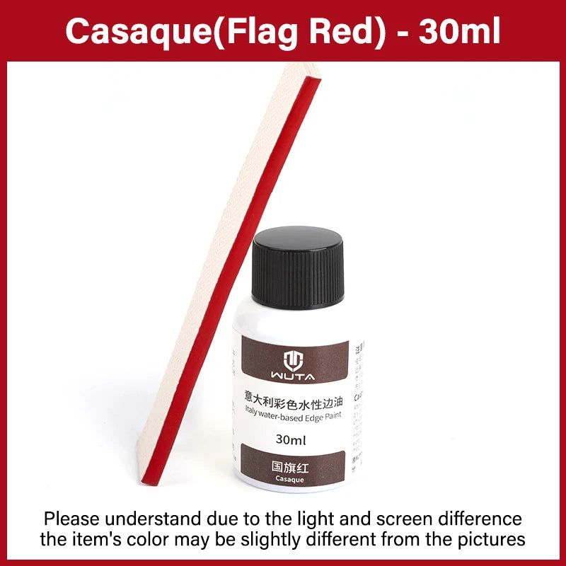 Bouteille de peinture à bords en cuir rouge Casaque Flag avec applicateur en bois sur fond blanc.
