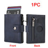 A dark blue leather wallet shown from the front and back, featuring an RFID-blocking slot for an Apple AirTag.