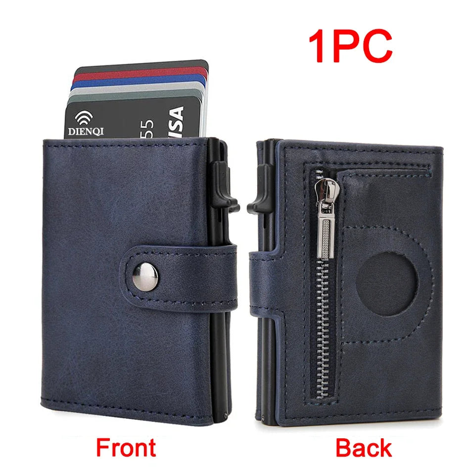 A dark blue leather wallet shown from the front and back, featuring an RFID-blocking slot for an Apple AirTag.