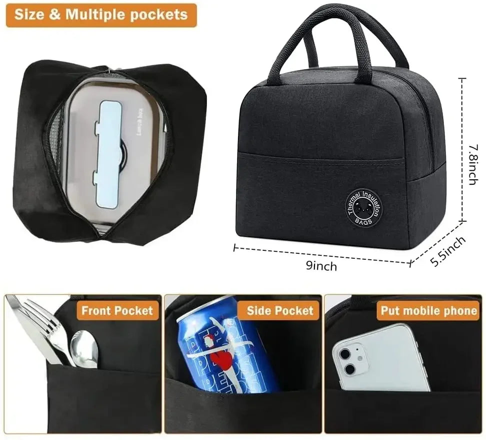 Black insulated canvas lunch bag showing various pocket configurations including front, side, and main compartments
