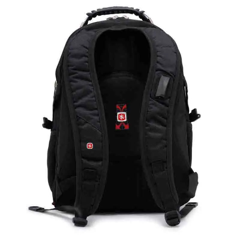 Mochila de viaje grande para hombre suizo negro, vista desde atrás