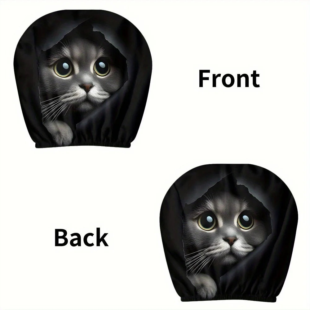 Front and back views of a black cat printed car headrest cover