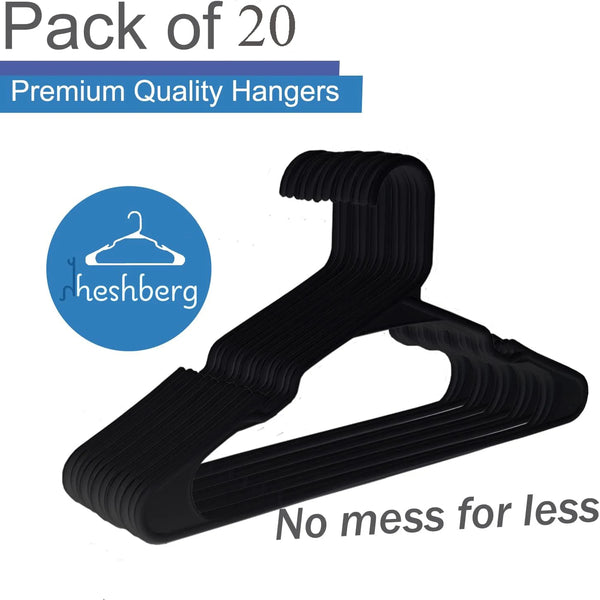 A pack of 20 premium quality black plastic hangers for clothing.