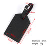 Black PU leather luggage tag with a strap, measuring 10.5cm by 6.5cm and 5mm thick.