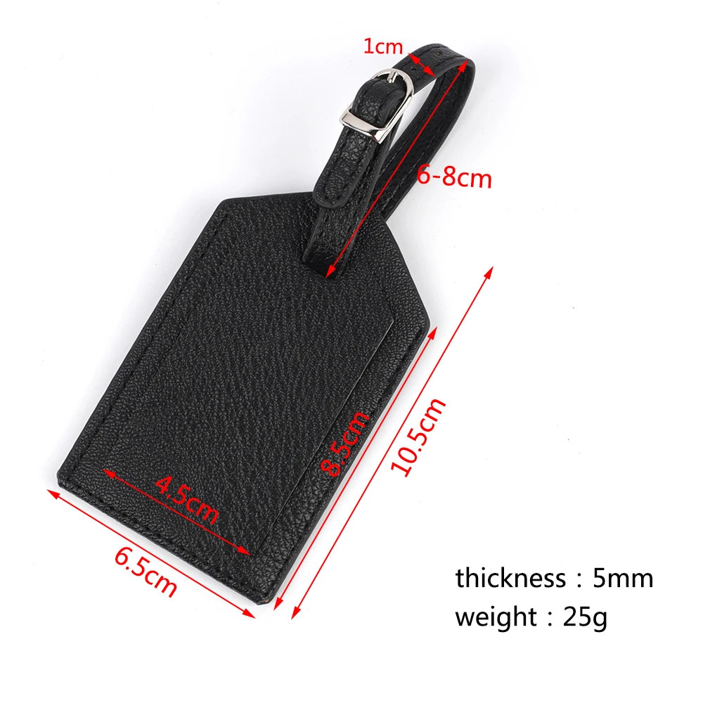 Black PU leather luggage tag with a strap, measuring 10.5cm by 6.5cm and 5mm thick.