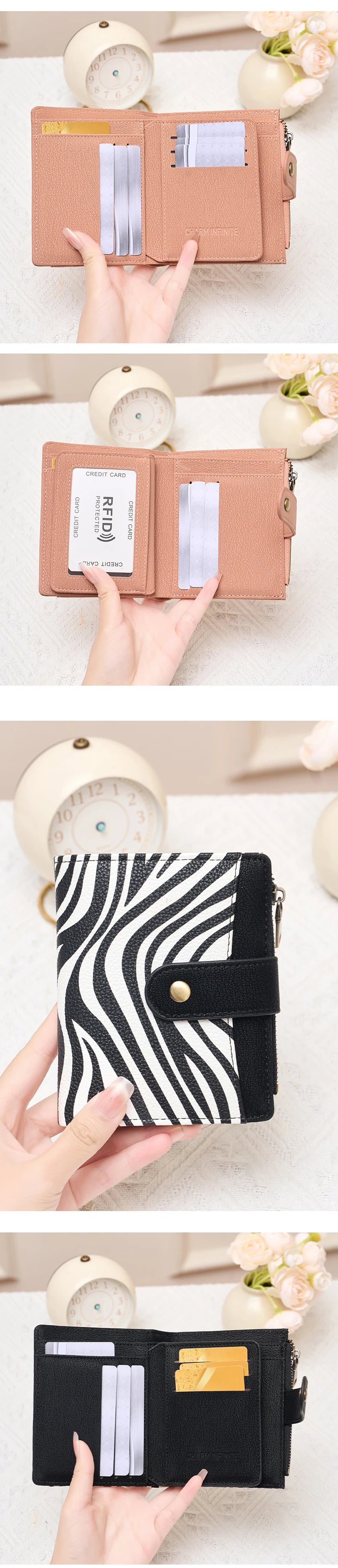 A close-up of a beige compact bifold wallet with a zipper closure and a black striped wallet is shown being held by a hand.