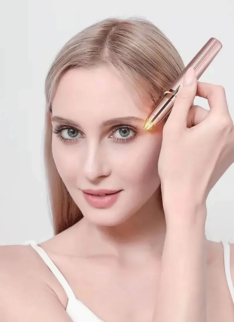 A woman is using a precision electric eyebrow trimmer with an LED light to shape her eyebrows.