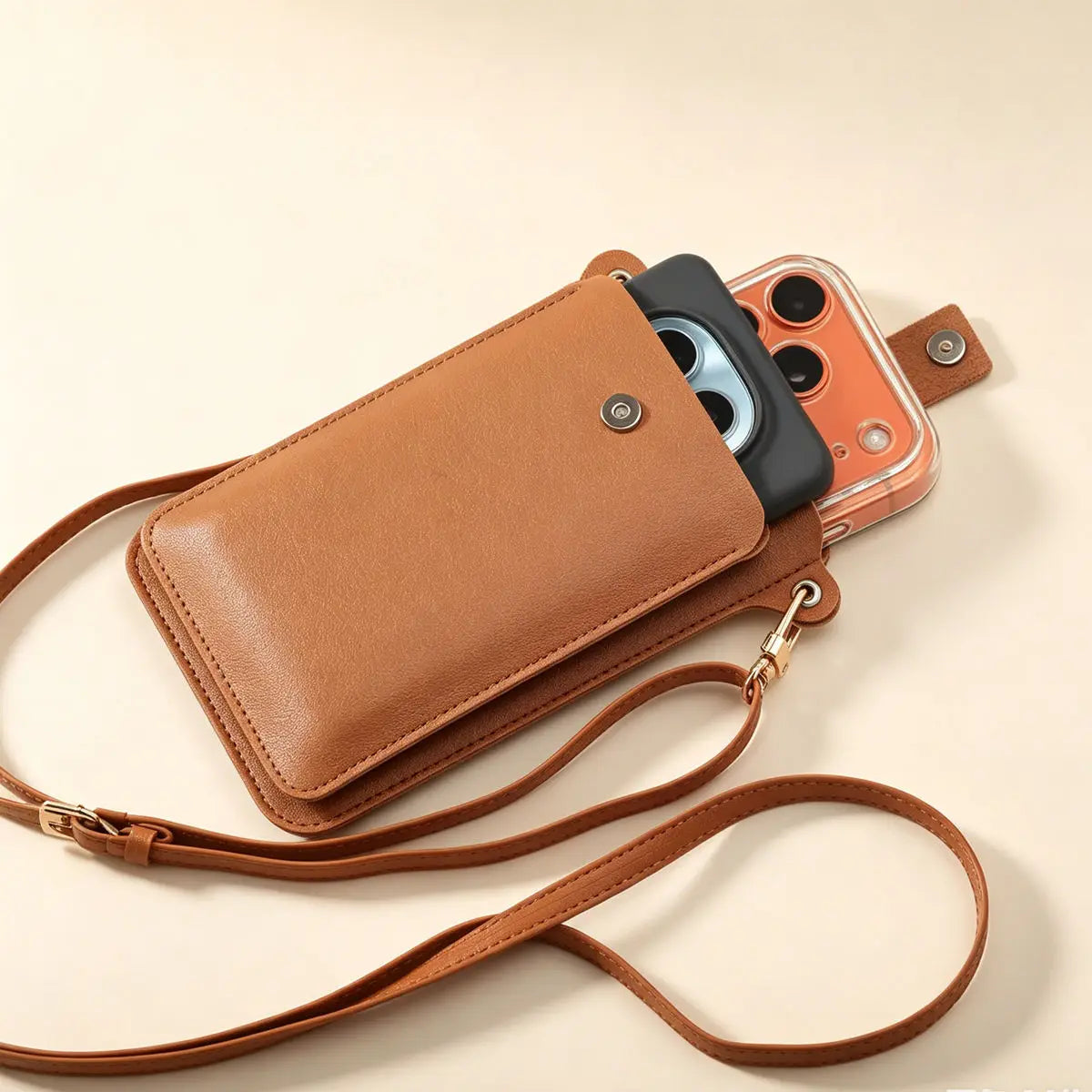 A tan mini PU leather crossbody phone bag with a leather strap and an iPhone inside.