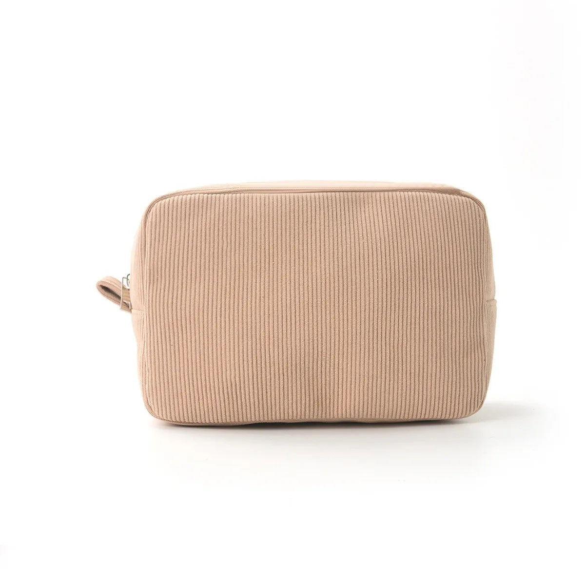 A beige seersucker striped cosmetic bag with a zipper closure shown from the front.