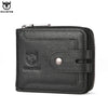 A black genuine leather wallet with a flap closure and a silver stud detail.