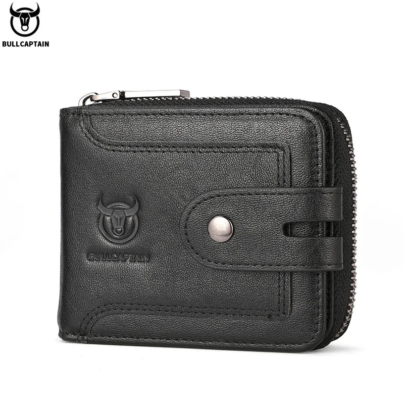 A black genuine leather wallet with a flap closure and a silver stud detail.