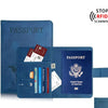 A blue leather passport holder displaying a passport and an RFID scanning warning.