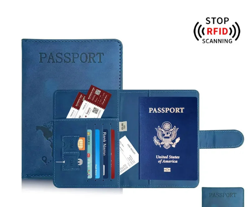A blue leather passport holder displaying a passport and an RFID scanning warning.