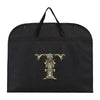 Black fabric dust cover and storage bag with an ornate gold and green design