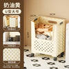 A large white foldable laundry basket with handles is shown in a side view, featuring a grid pattern and black wheels.