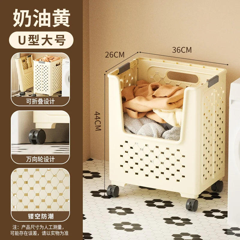 A large white foldable laundry basket with handles is shown in a side view, featuring a grid pattern and black wheels.