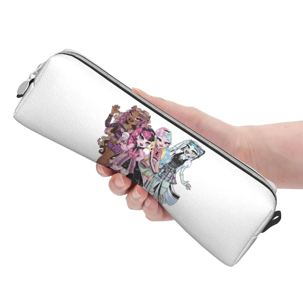 A white leather pencil case featuring a colorful illustration of magical girls.