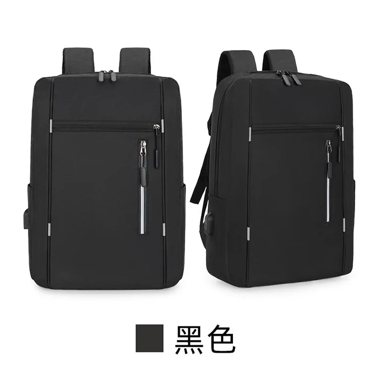 A black durable nylon travel backpack set featuring two backpacks with zippered compartments.