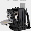 Black expandable travel backpack shown with various inserts for laptop and gear storage.
