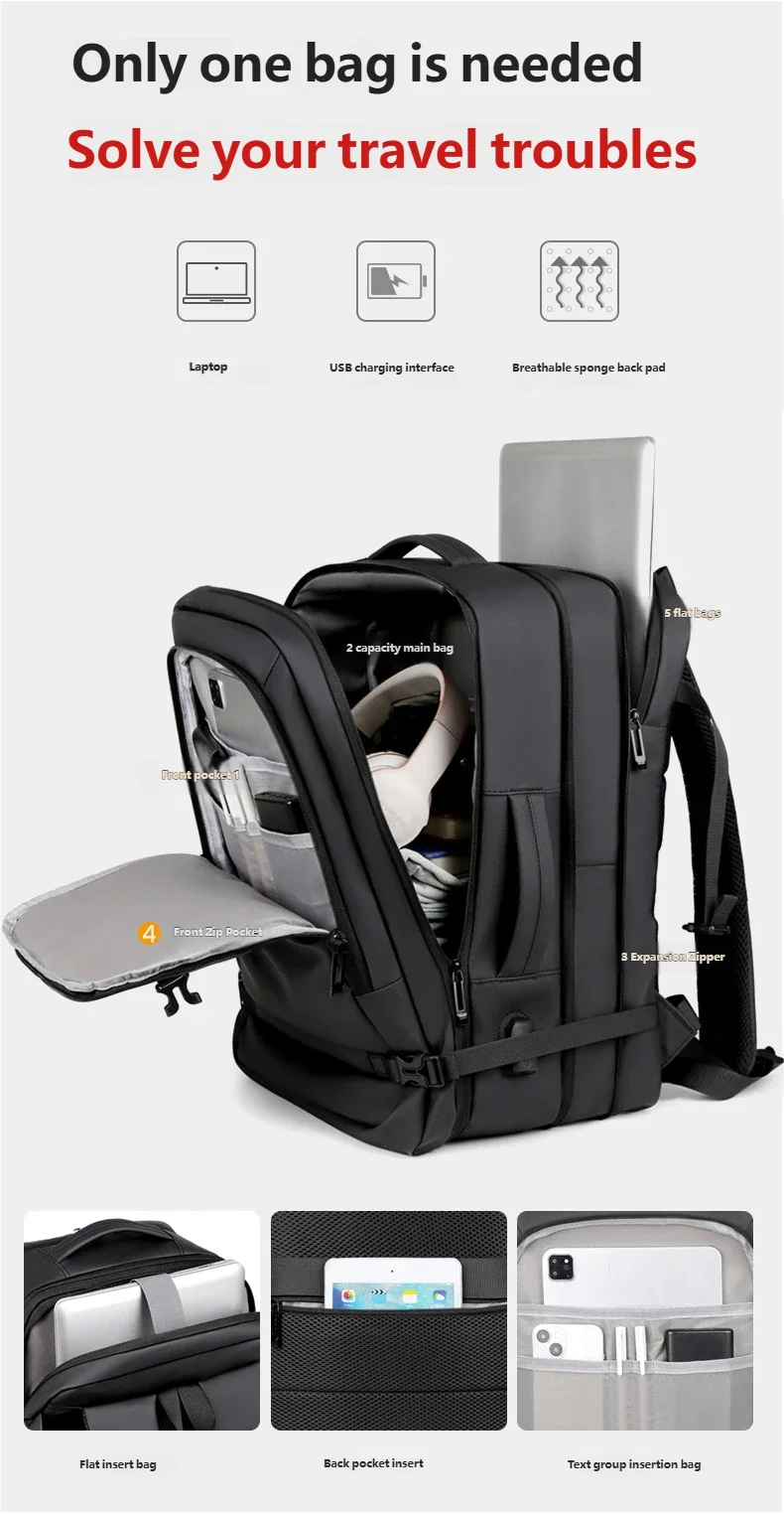 Black expandable travel backpack shown with various inserts for laptop and gear storage.