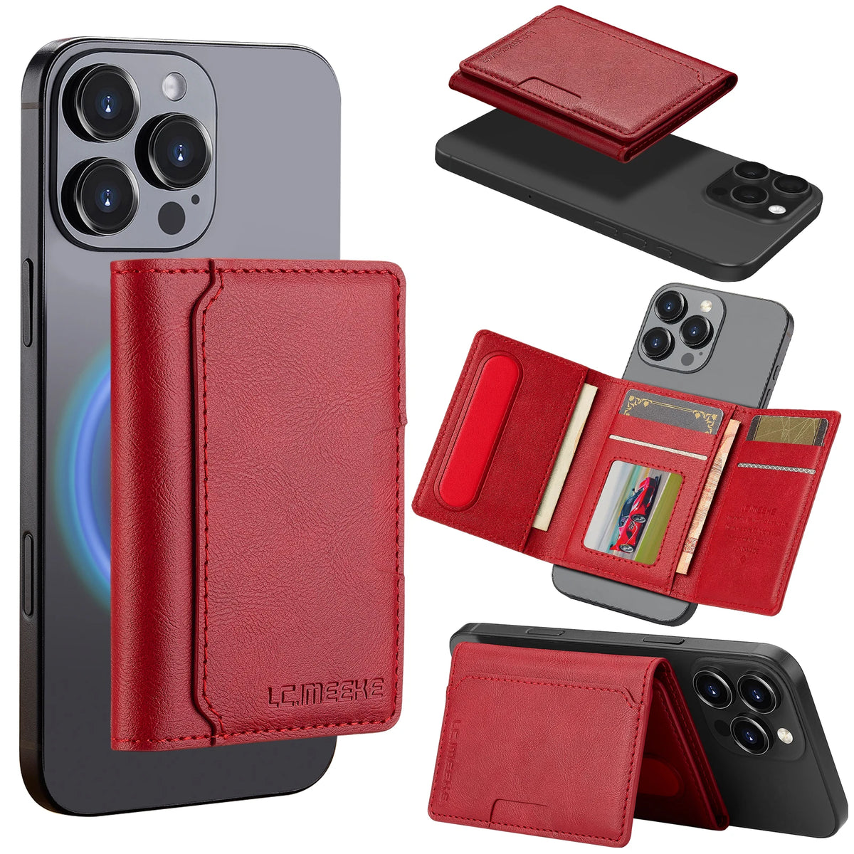 Portefeuille et support de cartes en cuir rouge, présenté avec une coque pour iPhone.