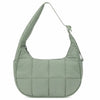 A light sage green quilted nylon shoulder bag with an adjustable strap.