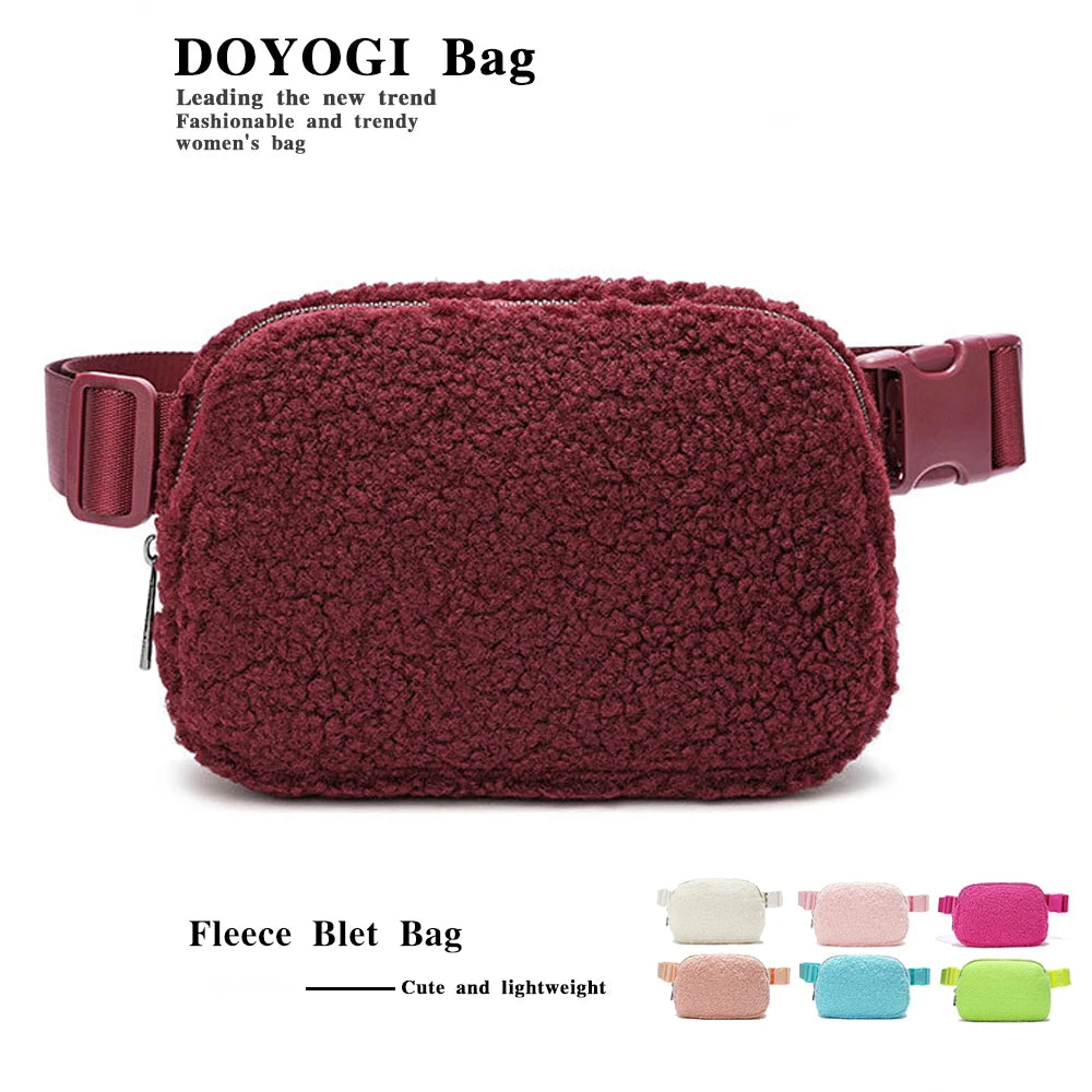 A maroon fleece belt bag shown with various color options.