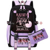 A purple and black canvas backpack featuring a funny print design with text like Gnarly and Beautiful Chaos