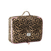 A leopard print large capacity waterproof travel makeup organizer bag with pink trim.