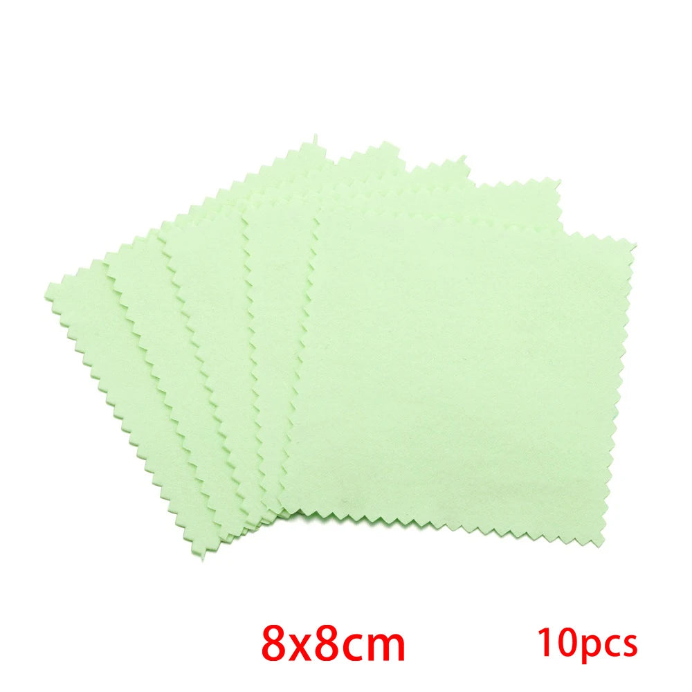 A set of ten light green, serrated polishing cloths for silver and gold jewelry.