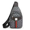 A gray and black patterned printed crossbody sling bag with brown accents and a black strap.
