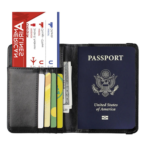 A black PU leather passport holder with a blue cover and a red document visible inside.