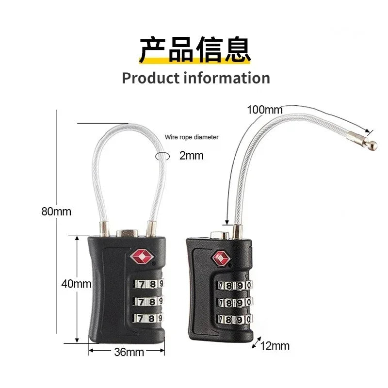 A black wire rope diameter combination lock with a key and various numbered dials shown against a white background.