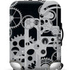 A silver suitcase with a black handle covered in a pattern of intricate metal gears and mechanical drawings.