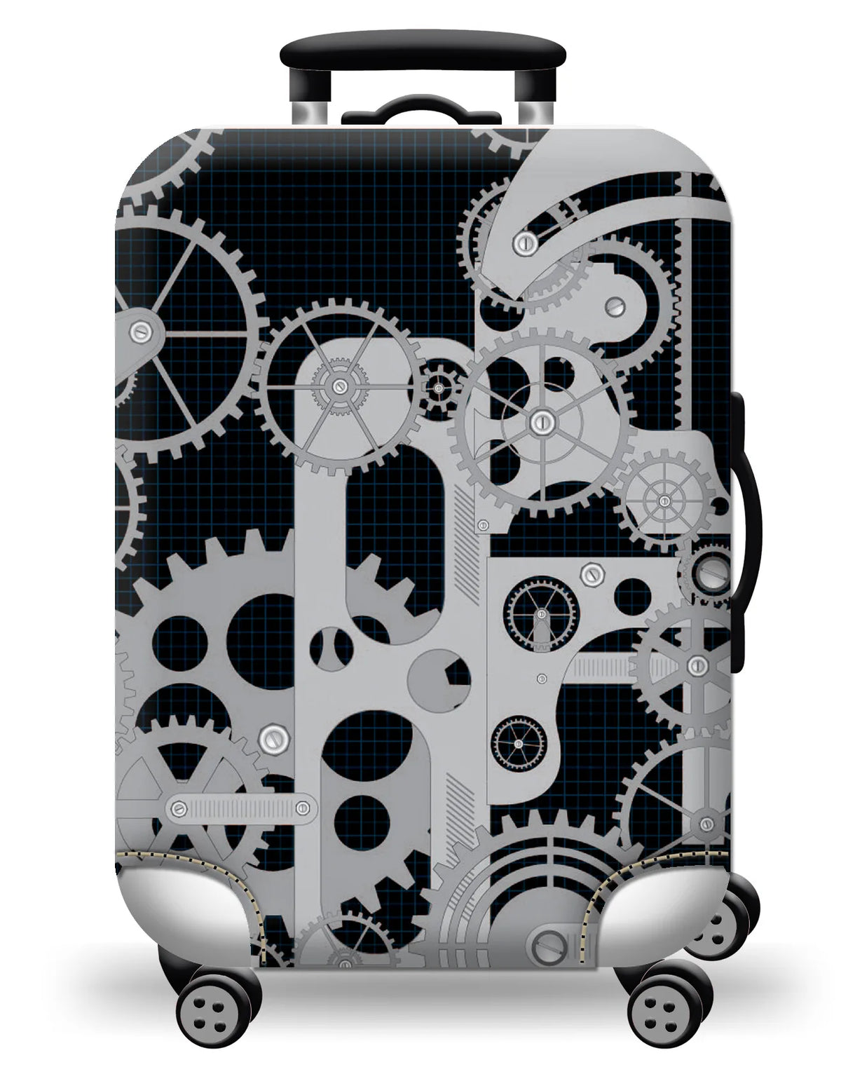 A silver suitcase with a black handle covered in a pattern of intricate metal gears and mechanical drawings.