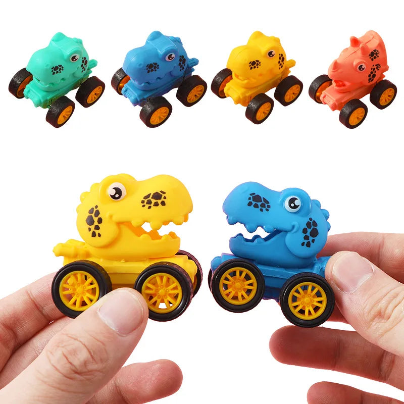A set of five mini pull-back dinosaur cars in various colors including teal, blue, yellow, and orange, shown being held by a 