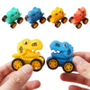 A set of five mini pull-back dinosaur cars in various colors including teal, blue, yellow, and orange, shown being held by a 