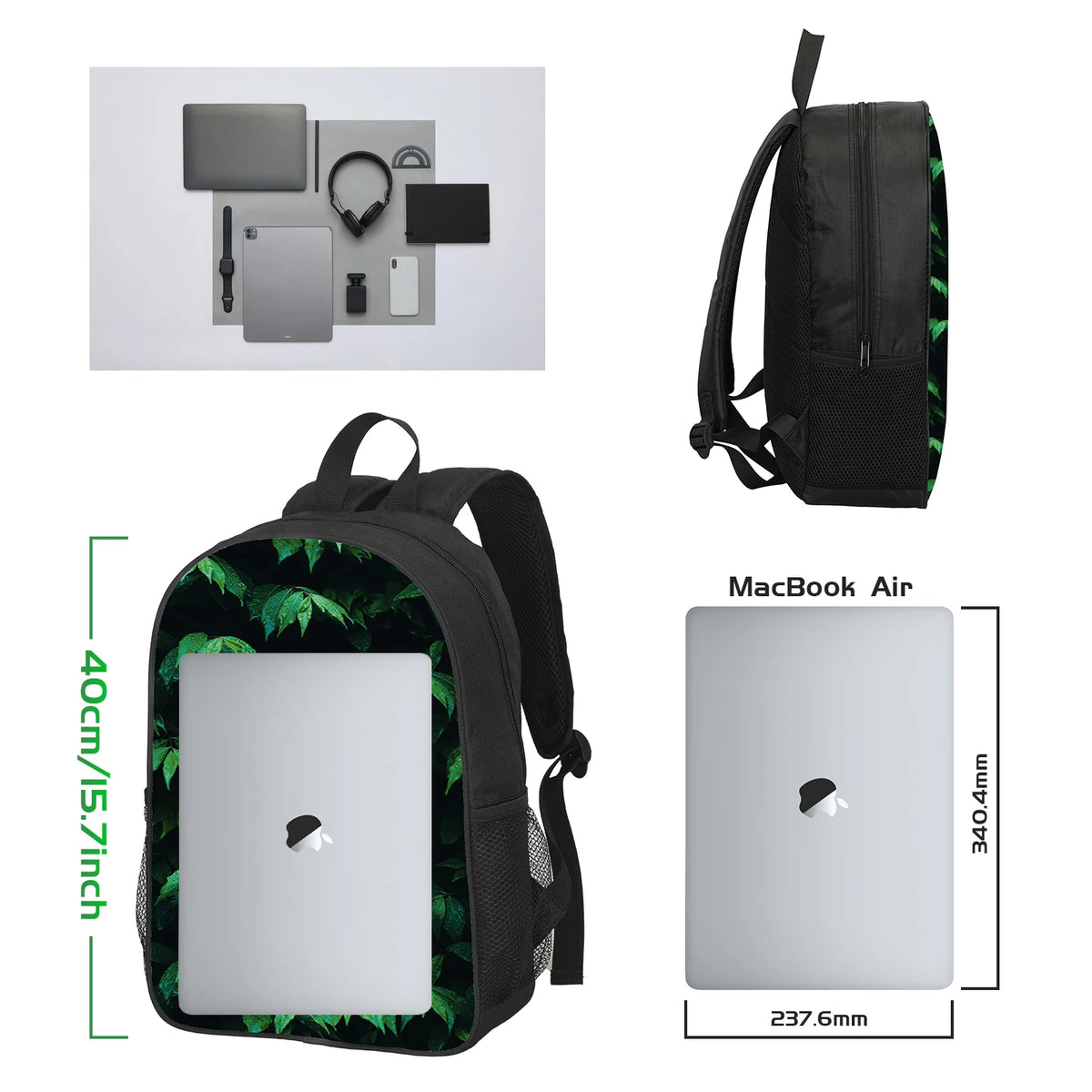 Schwarzes Rucksackset mit Laptop-Hülle, Accessoires und Cartoon-Design.