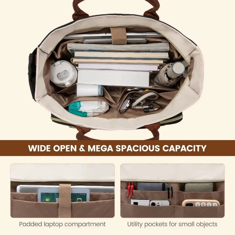 Sac cabas beige à multiples poches, ouvert, montrant un compartiment rembourré pour ordinateur portable et des poches utilita