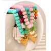 A colorful heart charm bead necklace featuring pink, blue, and green resin beads on a gold chain.